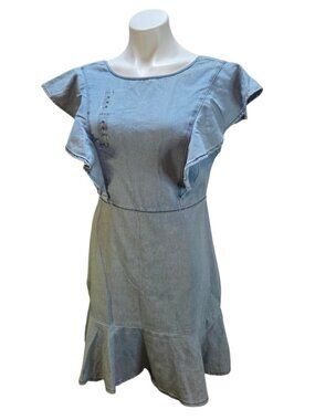 NWT Kroix Denim Dress Ruffle Sleeves And Hem Blue Size Medium